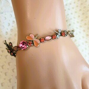 Mary Demarco La Contessa Bracelet 7" Whimsical Butterfly & Flowers Pink Crystals